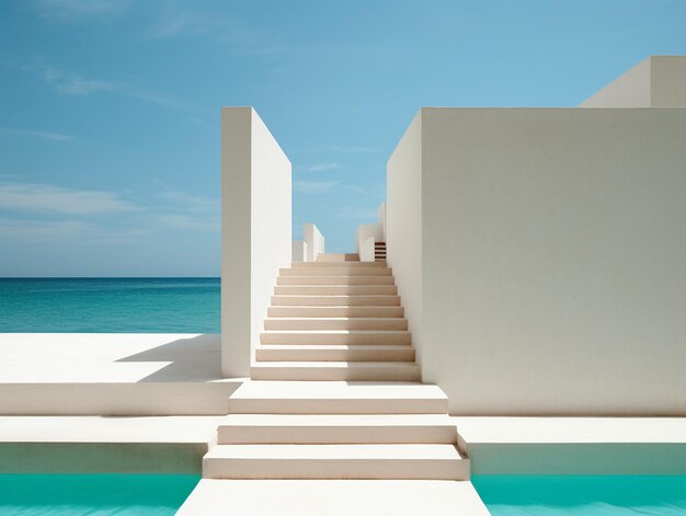 stairs leading to the ocean with a blue sky and white clouds.