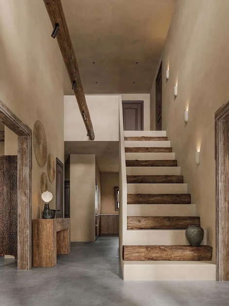 The stairs in the main house are made of wood and the walls are made of wood.