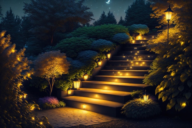光の木と庭のある夜の階段
