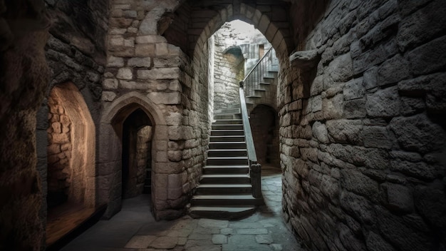 Stairs in an old building with a dark doorway and a staircase.