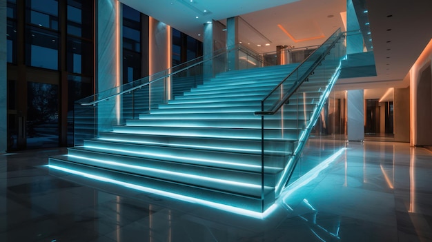 Лестница со светодиодной подсветкой в современном интерьере сгенерирована AI