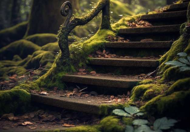 Stairs with moss in the jungle forest