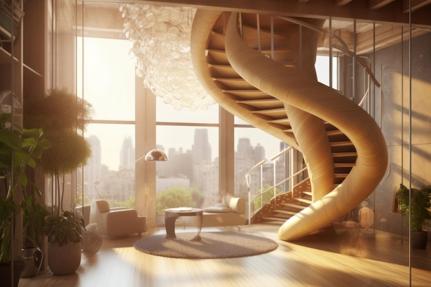 Stairs wooden living room eco Window plant Generate Ai