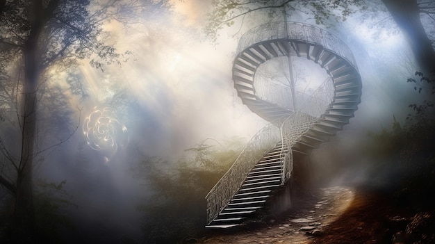 Photo a stairway in the forest with a sky background