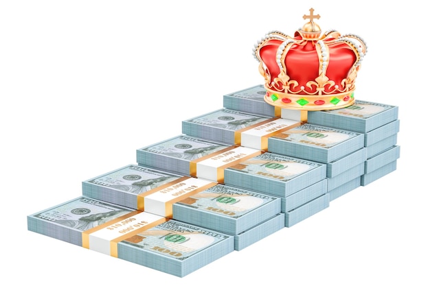 Foto scala da pacchetti di dollari con rendering 3d della corona