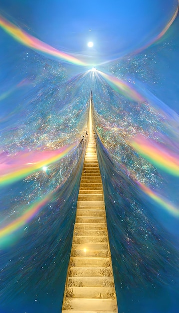 Photo a stairway to heaven is shown with a blue sky and rainbow.