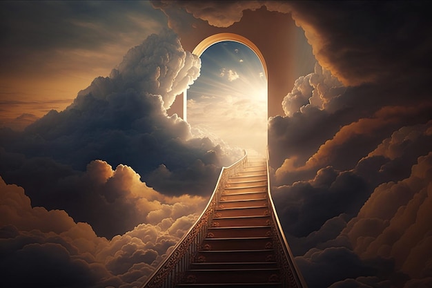 Stairway to heaven last journey to afterlife religious concept bible angels Death Forever life in paradise gates of Paradise knocking meeting God symbol of Christianity Generative AI