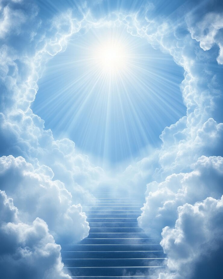 Photo a stairway to heaven leading up to a bright sun shining through a hole in the clouds