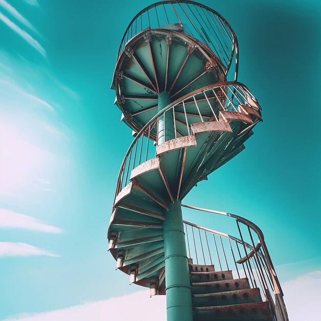 Stairway to Heaven A spiral spiral antique metal staircase goes high up into the blue sky