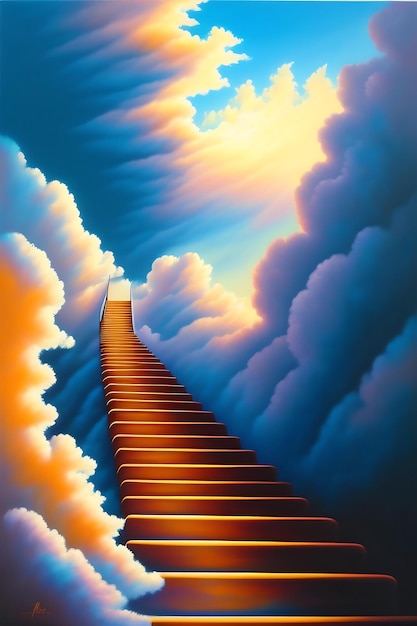 Photo stairway to heaven stairs to the sky abstract impressionist oil painting to the pearly gates