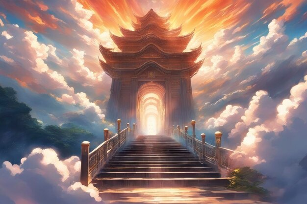 Photo stairway to heaven stairs in sky concept with sun and clouds religion background