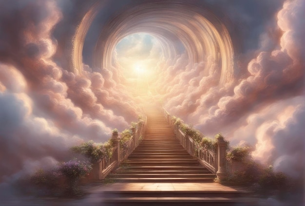 Stairway to Heaven Stairs in sky Concept with sun and clouds Religion background