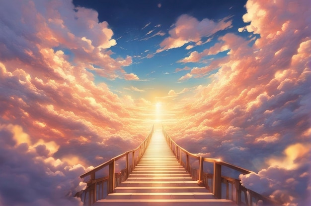 Stairway to Heaven Stairs in sky Concept with sun and clouds Religion background