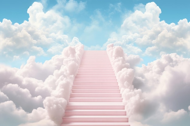 Stairway to heaven through white clouds in blue sky background