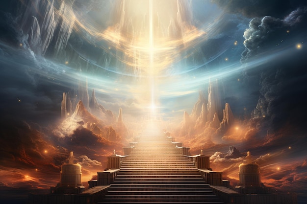 Stairway to heaven with light rays and clouds 3D rendering