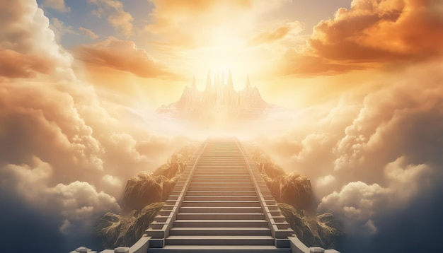 Photo stairway to heaven with sun and radiance to paradise