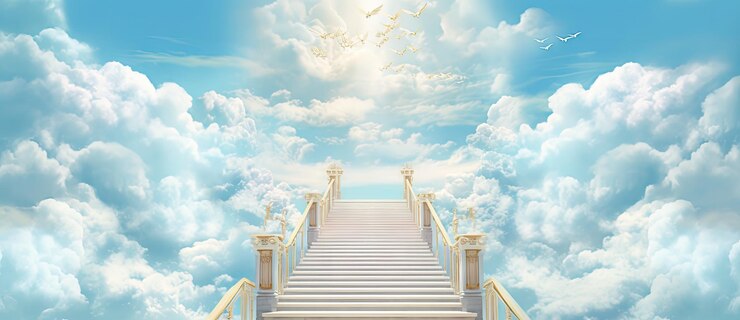 Photo stairway to heavenstairs in sky concept with sun and white cloudsconcept religion background