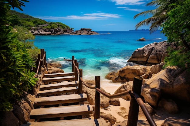 the stairway leading to the beach on the island of tao in the style of floating structures