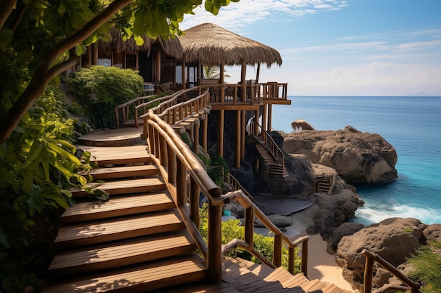 the stairway leading to the beach on the island of tao in the style of floating structures