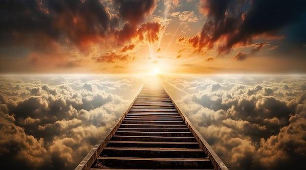 A stairway leading to the clouds at sunset