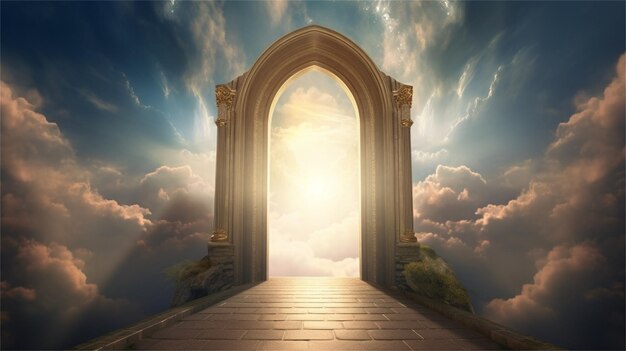 Stairway leading to heaven with clouds and sunlight 3D rendering