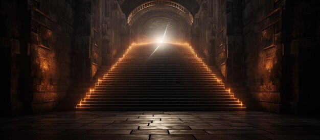 Photo stairway leading to illuminated passage underground