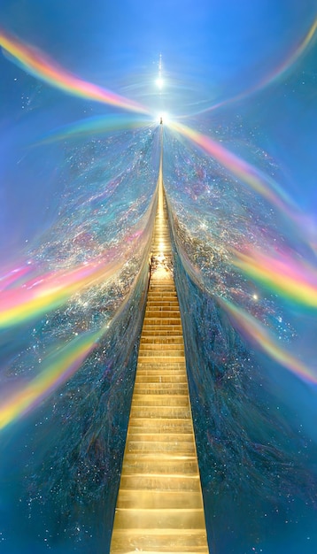 A stairway leading to the sky with a rainbow and the word heaven on it.