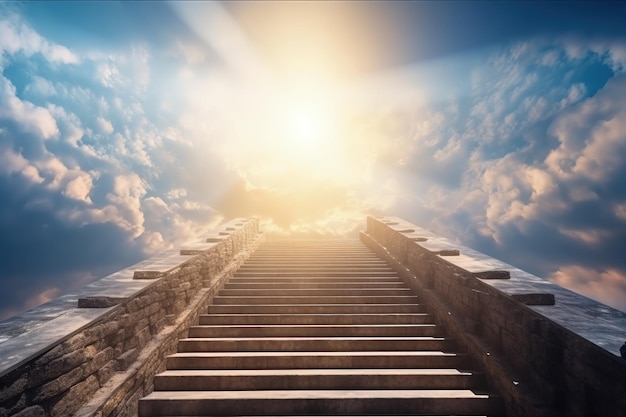 A stairway leading up into the sky with clouds generative AI