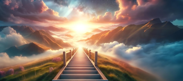 Photo stairway leading up to sky at sunrise resurrection and entrance of heaven