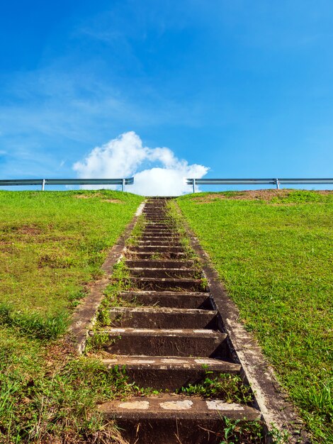 Stairway on the meadow with blue sky