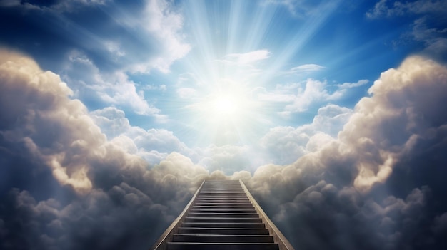 Photo a stairway reaching towards the sky leading to a heavenly light generative ai