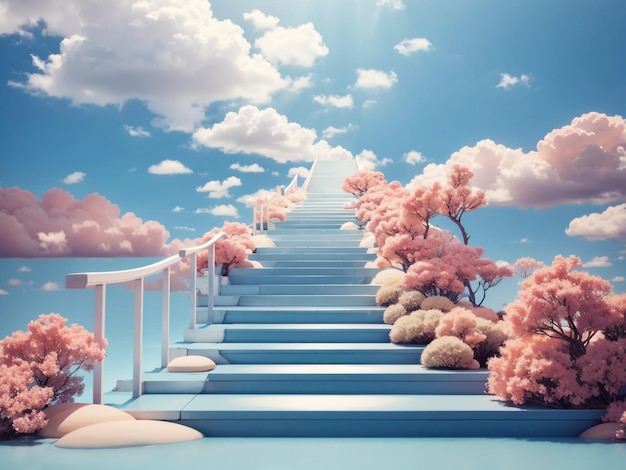 Photo stairway to the sky 3d rendering in the style of ethereal ascension