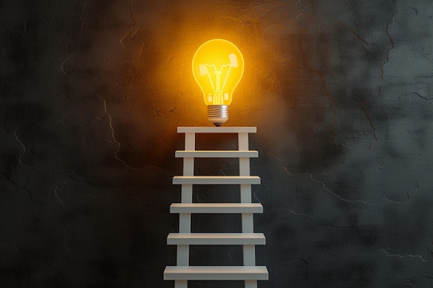 Stairway to success one leads to a glowing light bulb