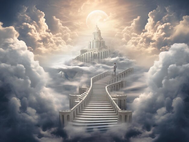 Photo stairway through the clouds to the heavenly light stairway to heaven copyspace generative ai