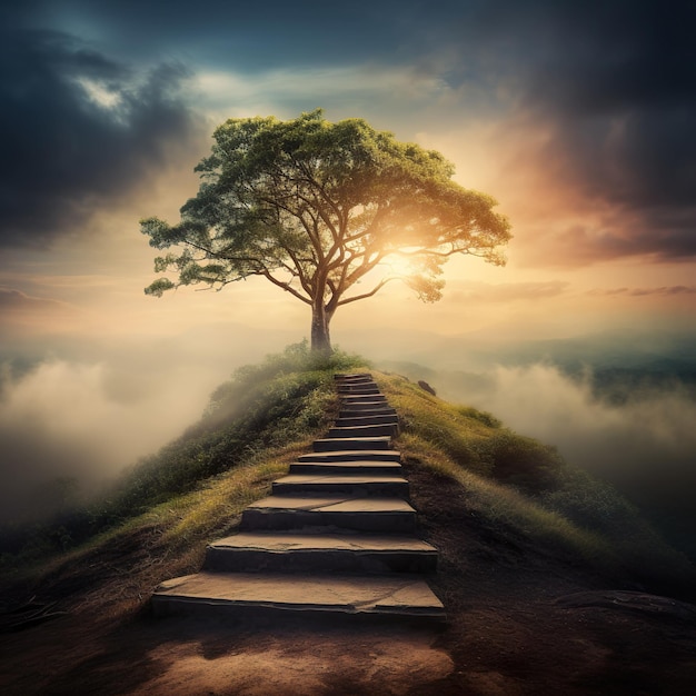 Stairway to the top of the hill for move forward and preparation for new business Generative AI