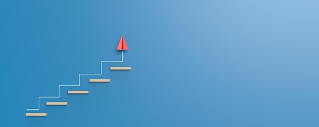 Stairway white arrow direction step climb red plane blue background copy space empty blank symbol business strategy creative idea goal opportunity victory win success progress modern3d render