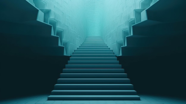A stairway with a blue light behind it and the stairs leading up to the top.