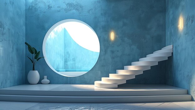 a stairway with a blue ocean and a round window