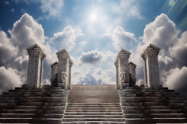 A stairway with a cloudy sky and the words " the way "