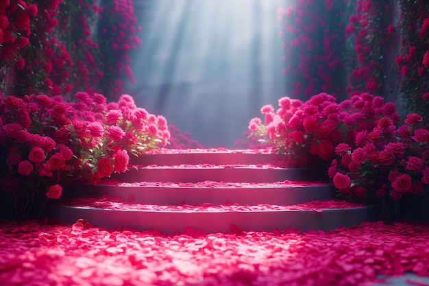 バラの花びらと日光の階段