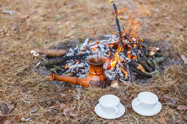 春の森の杭で、粘土のトルコ コーヒー ポットが草に対して熱せられる