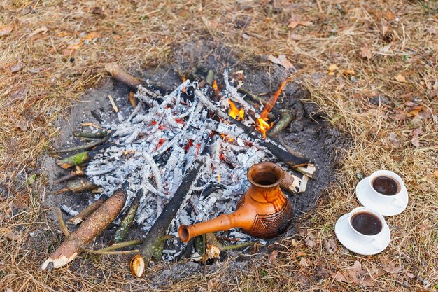 春の森の杭で、粘土のトルコ コーヒー ポットが草に対して熱せられる