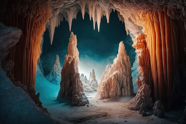 Stalactieten en stalagmieten in een bevroren grot creëren een buitenaards tafereel gecreëerd met generatief