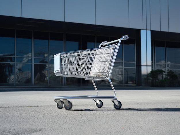 Stalen winkelwagentje op de parkeerplaats van een supermarkt