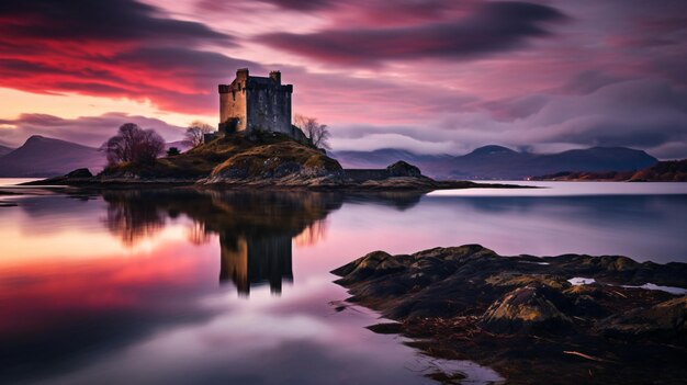 Stalker Castle in the Highlands of Scotland seen at dusk