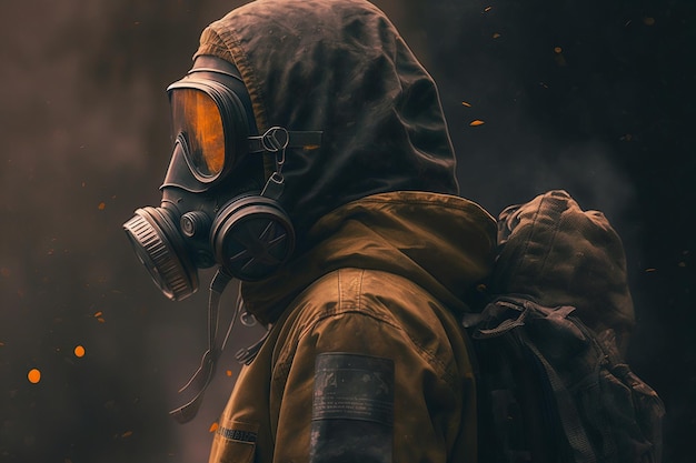 Stalker man met gasmasker jas en rugzak zijaanzicht taille lengte portret Nucleaire biologische ramp gevaar concept Generatieve AI