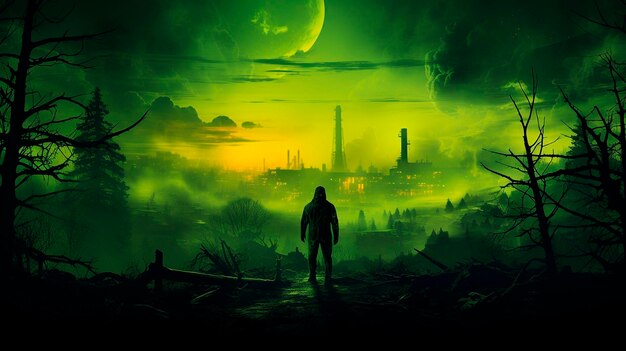Stalker in a respirator against the background of a radioactive explosion the city under the chemical cloud background high quality illustration