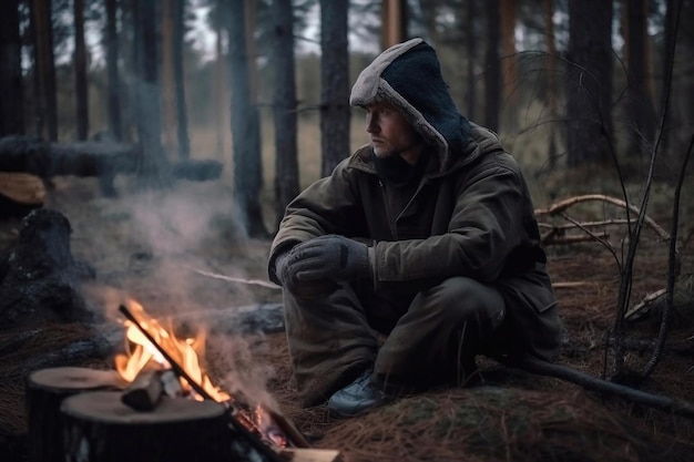 Stalker sits by the fire in the evening AI Generated