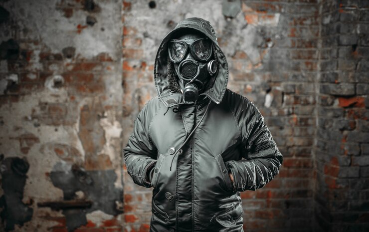Photo stalker soldier in gas mask, survivor man after nuclear war.