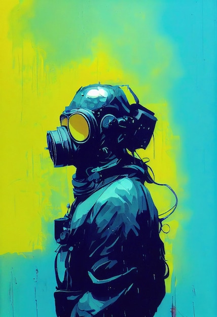 A stalker survivor in protective clothing and an neon gas mask. Survivor of nuclear war.